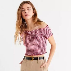 Urban Outfitters, red plaid smocked off the shoulder top